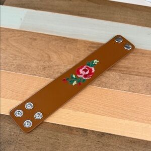 Vintage Inspired Embroidered Rose Faux Leather Snap Cuff Bracelet Floral